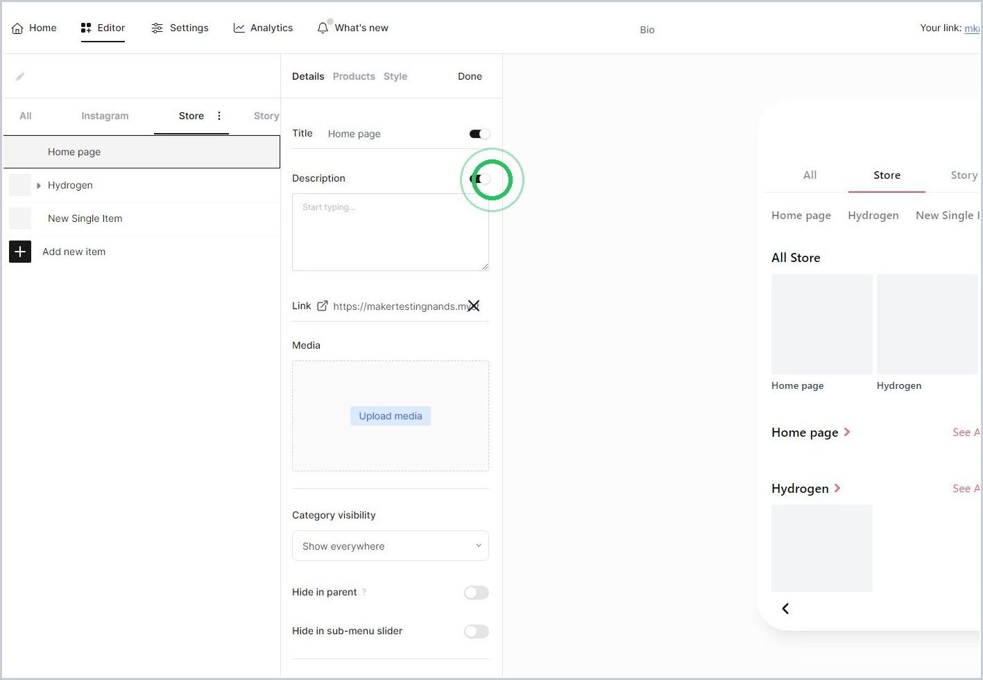 Adding a description to a menu item in Mkr.Bio — step 5